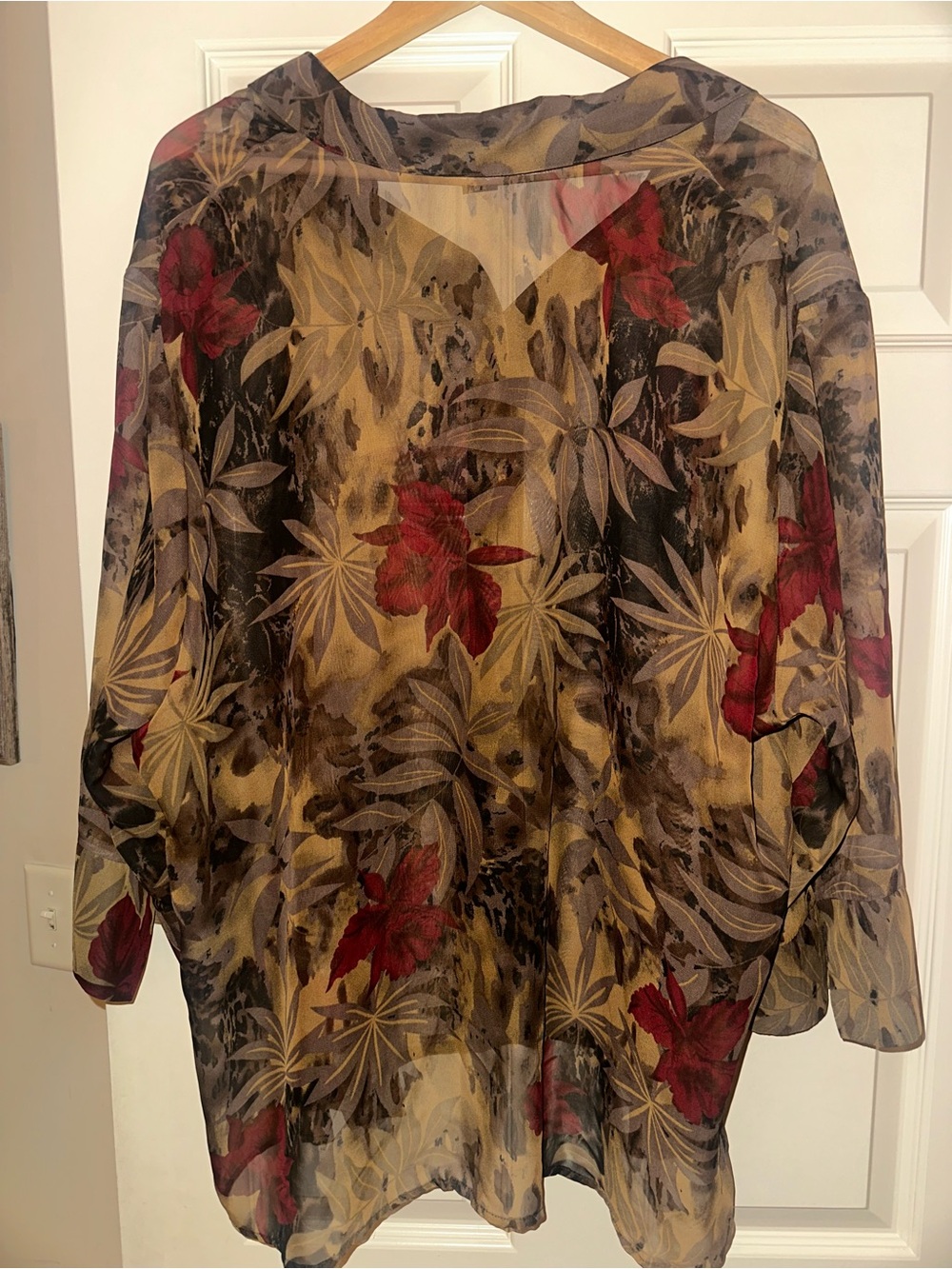 George Sheer Floral Button-Down Blouse in Tan, Red, Gray - NWOT - 26W/28W - Picture 4 of 5